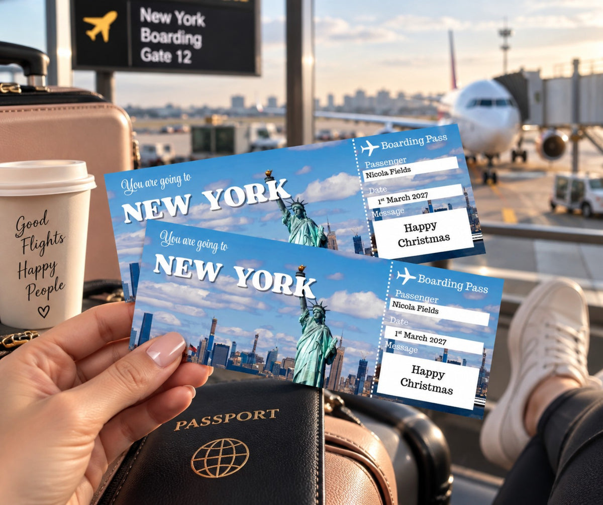 Personalised New York surprise trip boarding pass held at an airport
