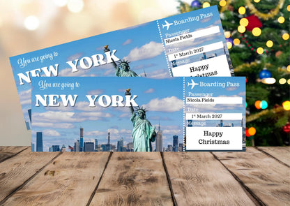 Personalised New York surprise trip boarding passes displayed beside a Christmas tree