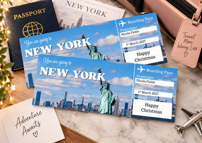 Personalised New York surprise trip boarding passes with passport and travel accessories