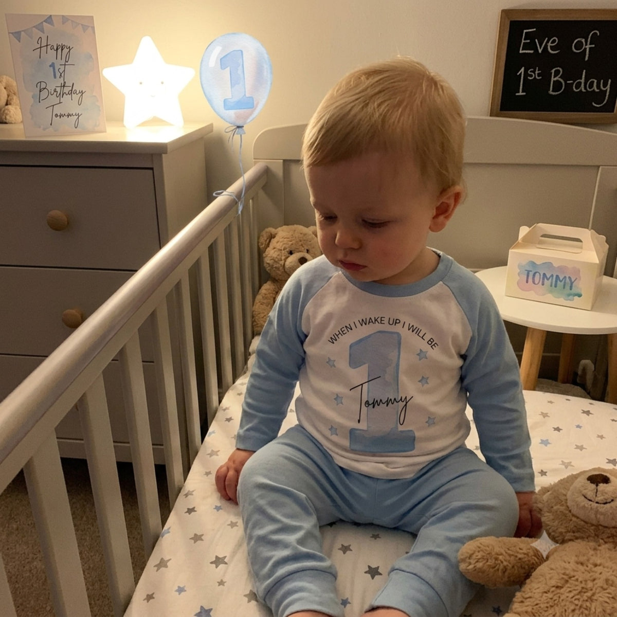 Personalised blue When I Wake Up birthday pyjamas with child's name and age