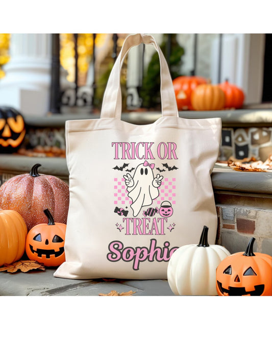 Personalised pink ghost Halloween trick or treat tote bag