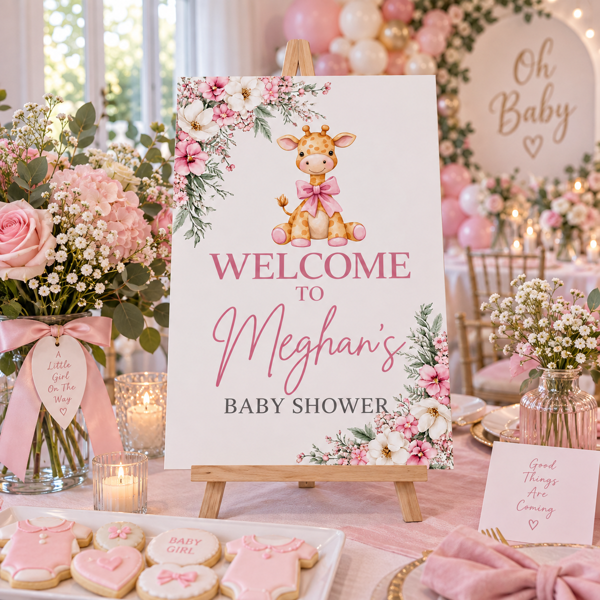 Pink giraffe baby shower sign displayed on tabletop wooden easel
