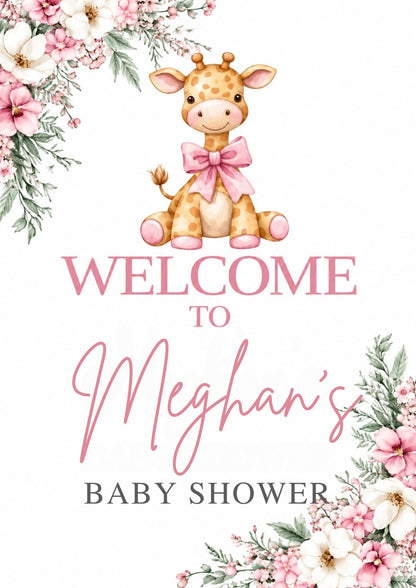 Personalised pink giraffe baby shower welcome sign