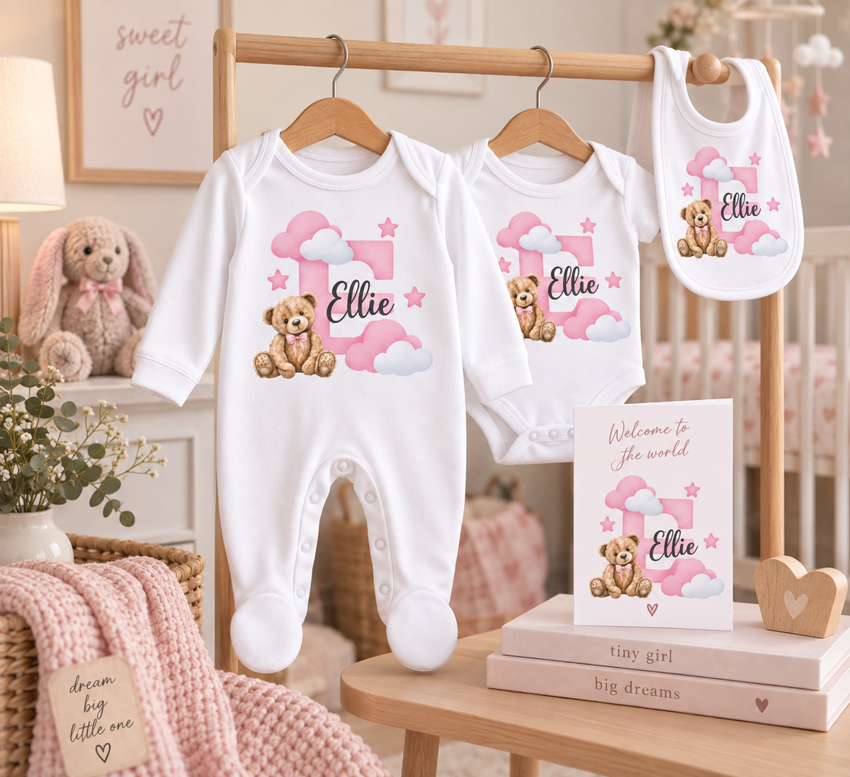 Personalised Baby Girl Gift Set – Sleepsuit, Vest, Bib & Card