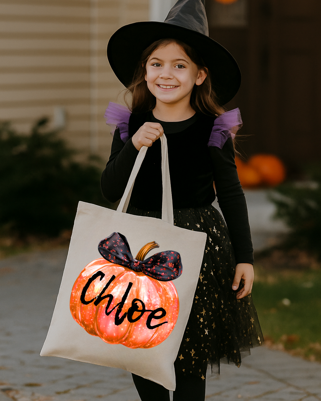 Personalised Pumpkin Bow Halloween Trick or Treat Bag | Kids Cotton Tote