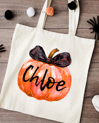 Personalised Pumpkin Bow Halloween Trick or Treat Bag | Kids Cotton Tote