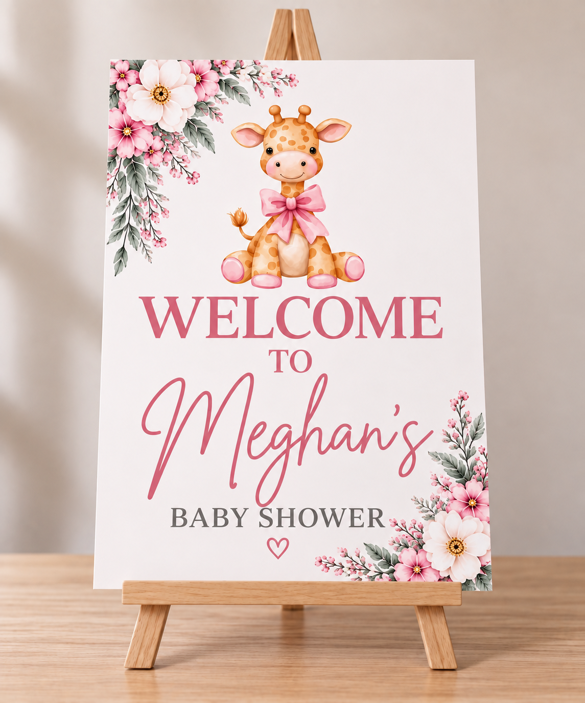 Personalised Giraffe Baby Shower Welcome Sign - Pink or Blue - A3 & A4