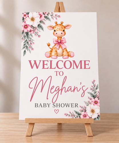 Personalised Giraffe Baby Shower Welcome Sign - Pink or Blue - A3 & A4