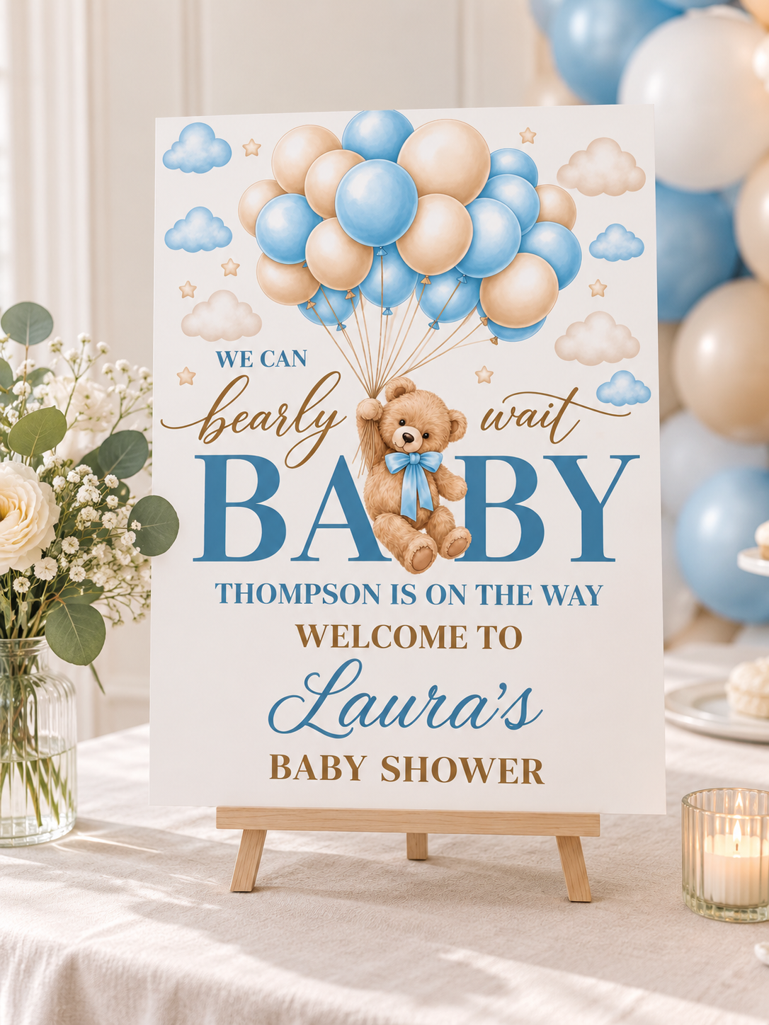 Personalised Baby Shower Welcome Sign – Teddy Bear & Balloons