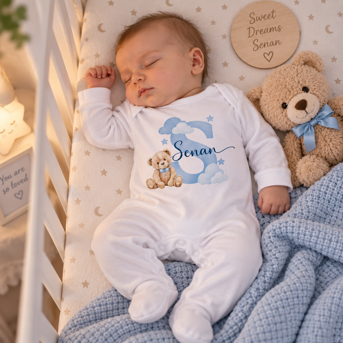 Personalised Baby Boy Gift Set – Sleepsuit, Vest, Bib & Card