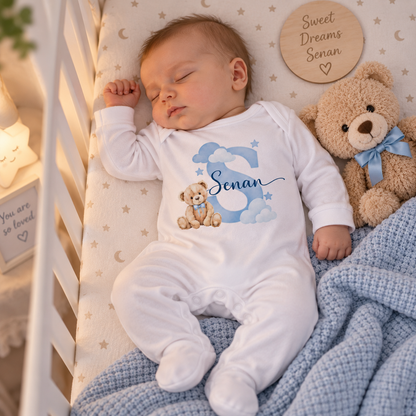 Personalised Baby Boy Gift Set – Sleepsuit, Vest, Bib & Card