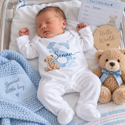 Personalised Baby Boy Gift Set – Sleepsuit, Vest, Bib & Card