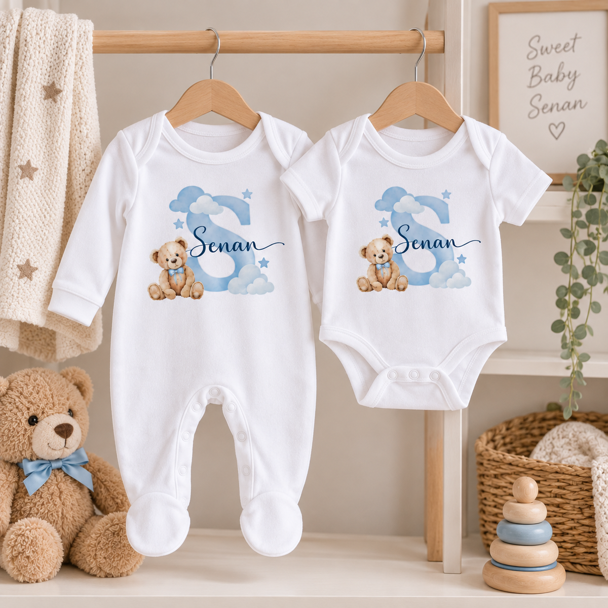 Personalised Baby Boy Gift Set – Sleepsuit, Vest, Bib & Card