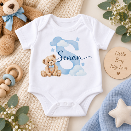 Personalised Baby Boy Gift Set – Sleepsuit, Vest, Bib & Card