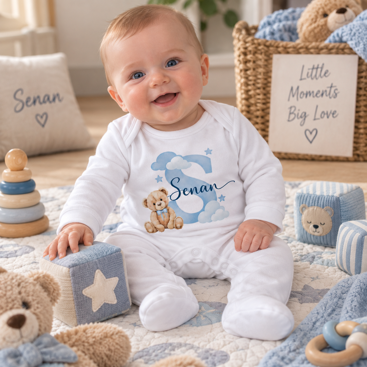 Personalised Baby Boy Gift Set – Sleepsuit, Vest, Bib & Card