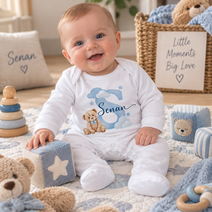 Personalised Baby Boy Gift Set – Sleepsuit, Vest, Bib & Card