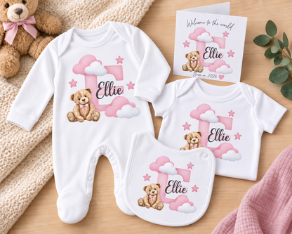 Personalised Baby Girl Gift Set – Sleepsuit, Vest, Bib & Card