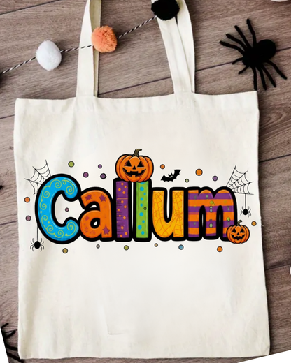 Personalised Colourful Name Halloween Trick or Treat Bag | Kids Cotton Tote