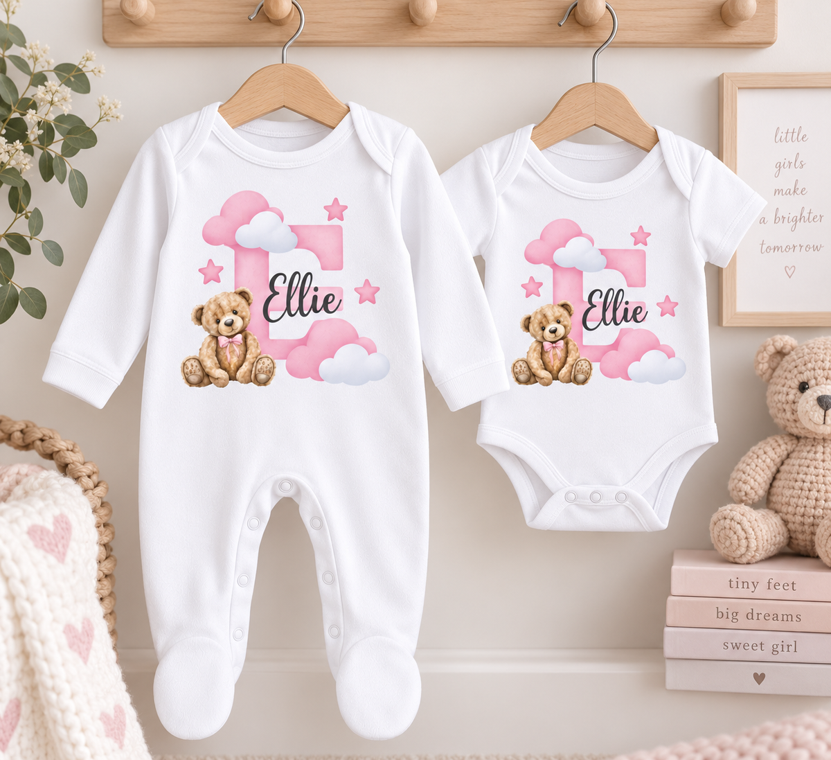 Personalised Baby Girl Gift Set – Sleepsuit, Vest, Bib & Card