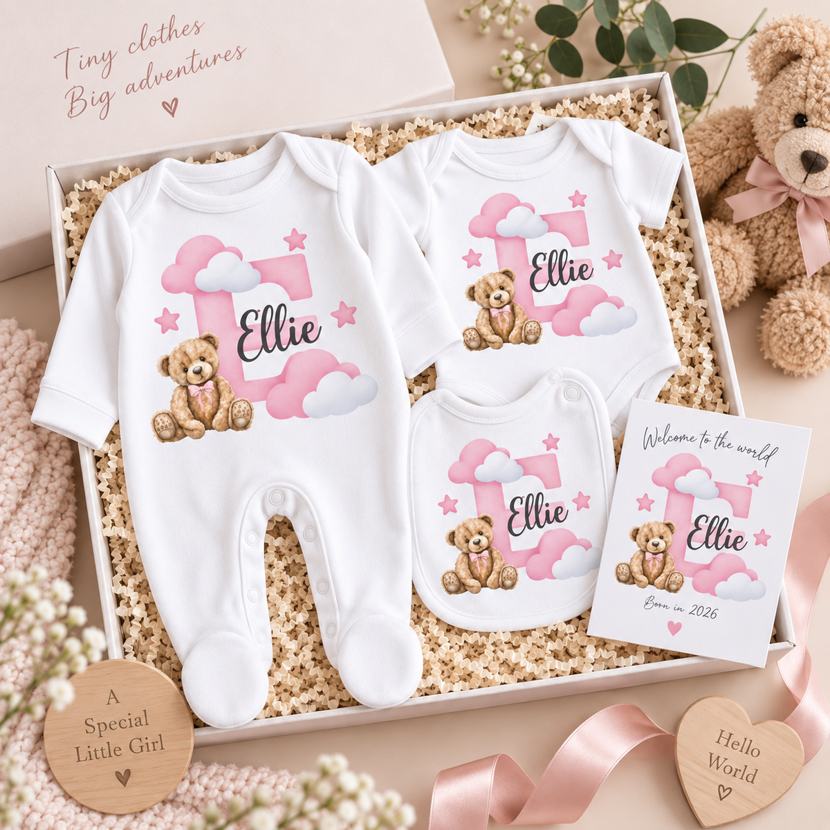 Personalised Baby Girl Gift Set – Sleepsuit, Vest, Bib & Card