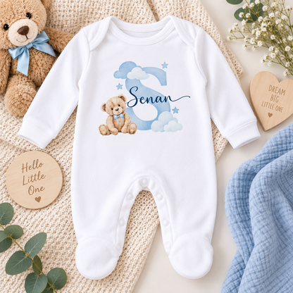 Personalised Baby Boy Gift Set – Sleepsuit, Vest, Bib & Card