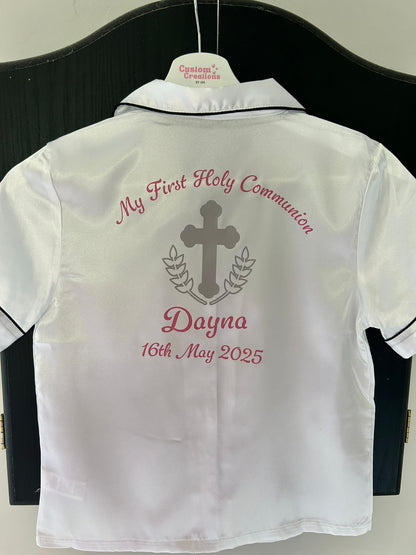 Girls Satin White Communion Pjs - Silver Cross Design