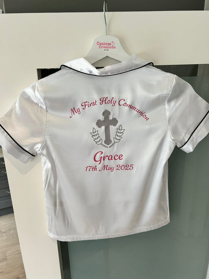 Girls Satin White Communion Pjs - Silver Cross Design