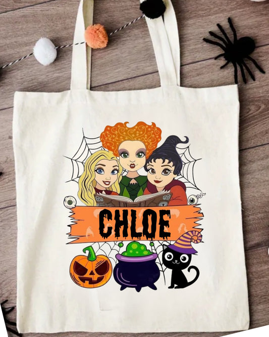 Personalised Halloween witches trick or treat tote bag
